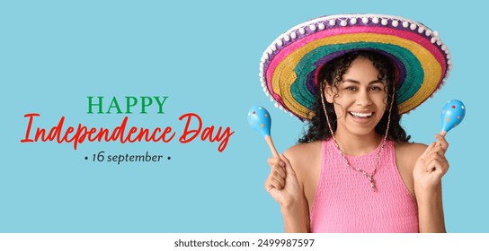 Banner for Mexican Independence Day with happy African-American woman in sombrero holding maracas on blue background - Powered by Shutterstock