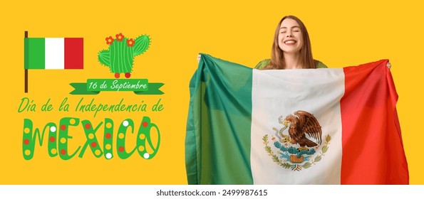 Banner for Mexican Independence Day with happy woman holding flag on yellow background - Powered by Shutterstock