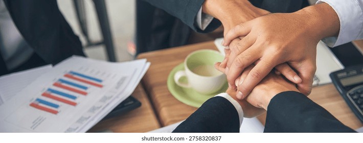 Banner Mission partner hand stack together. Business corporate team building Social Gathering teamwork. Green Business Support Mission strategy holding hand together. Leader Mission team copy space