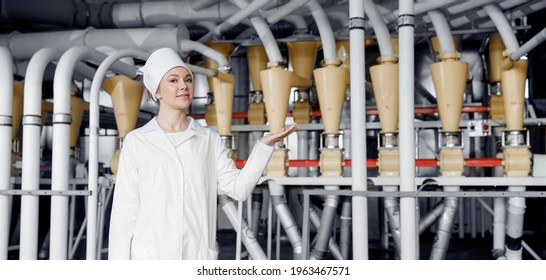 Banner Modern Electrical Mill Machinery For Production Of Wheat Flour. Operator Worker Woman On Background Grain Equipment.