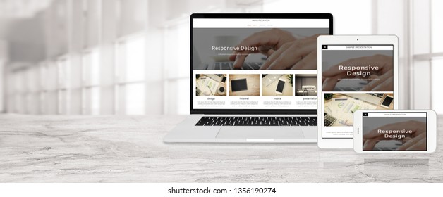 Banner of multi device technology for responsive web design - laptop , digital tablet and smartphone in various orientation at the office (sample web page).