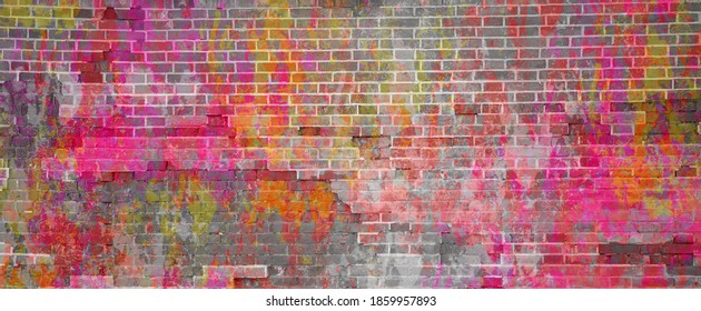 Banner multicolored brick wall. Bright pink yellow and white paint on brick texture. - Powered by Shutterstock