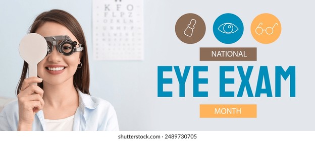 Banner for National Eye Exam Month with woman visiting ophthalmologist in clinic - Powered by Shutterstock