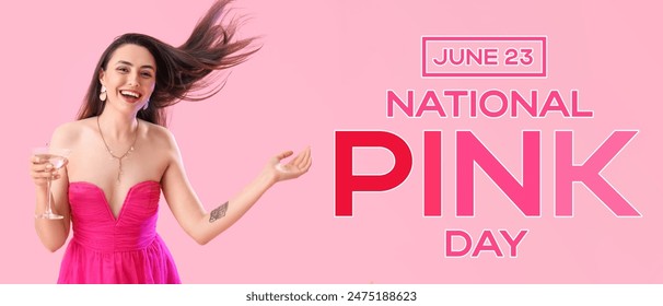 Banner for National Pink Day with happy young woman with cocktail - Powered by Shutterstock