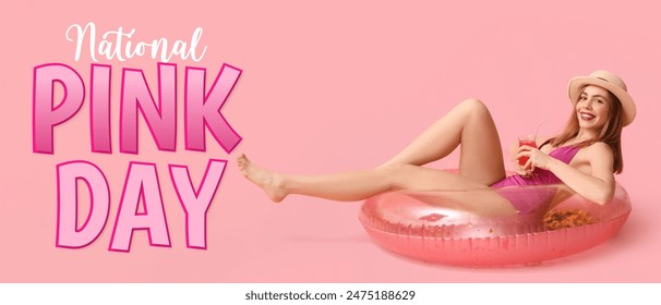 Banner for National Pink Day with happy young woman with inflatable ring and cocktail - Powered by Shutterstock