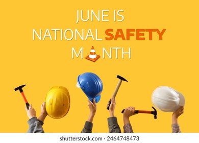 Banner for National Safety Month with hands holding safety hardhats and hammers - Powered by Shutterstock