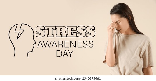 Banner for National Stress Awareness Day with young woman suffering from headache - Powered by Shutterstock