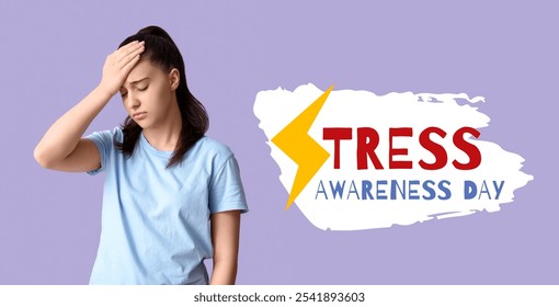 Banner for National Stress Awareness Day with young woman suffering from headache - Powered by Shutterstock