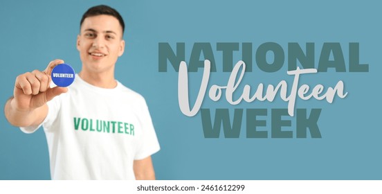 Banner for National Volunteer Week with young man holding badge on blue background - Powered by Shutterstock