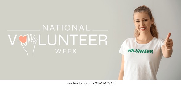 Banner for National Volunteer Week with young woman showing thumb-up on grey background - Powered by Shutterstock
