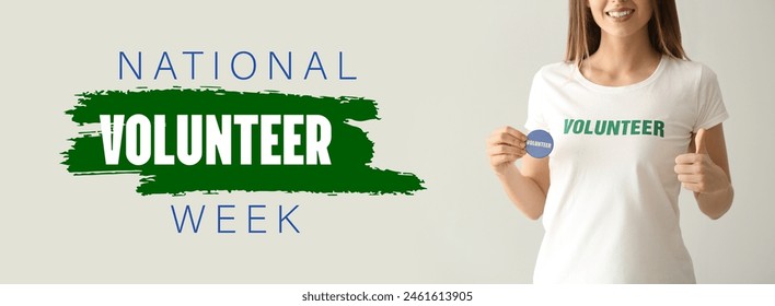 Banner for National Volunteer Week with young woman showing thumb-up on grey background - Powered by Shutterstock