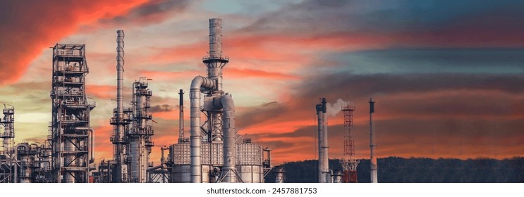 Anuncio Refinería de petróleo gas industria de la planta de petróleo con tanque de crudo, suministro de gasolina fábrica química. Barril de petróleo industria pesada refinería de petróleo planta de fabricación de la fábrica en el crepúsculo noche