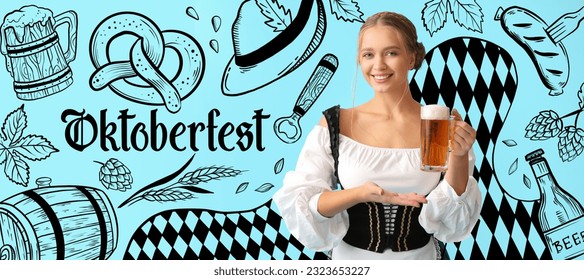 Banner for Oktoberfest with young waitress holding cold beer