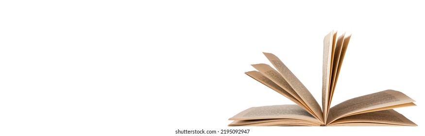 Banner with open book isolated on white background. Turning pages. Novel, memoire, bibliography, cookbook, encyclopedia. Space for text. High quality photo