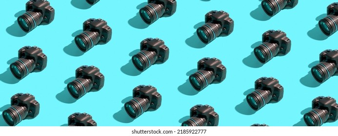 Banner with pattern from many cameras on a colored background. World Photography Day concept. - Shutterstock ID 2185922777