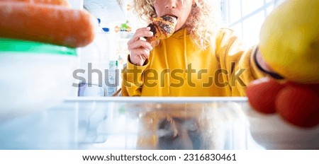 Banner of people taking food from fridge. Unhealthy food disorder lifestyle. Bad habits and dieting concept. Woman eating chocolate croissant and search for some other food to eat. Emotional eating