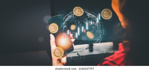 Banner of people using, holding mobile phone successful invest bitcoin, receiving and win profit with uptrend stock graph and copy space. Cryptocurrency, Technology, Finance and Investment Concept