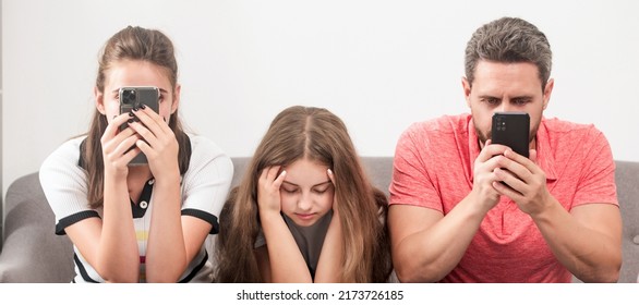 Banner pf phone addicted dad mom and daughter girl. kid with phone addicted daddy and mom sitting at psychologist solving problem, addiction - Shutterstock ID 2173726185