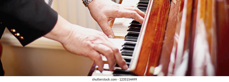 Banner Of A Piano Player Or A Teacher Of Music. Hans Of A Musician On Piano Keys.