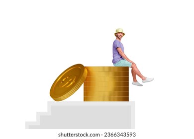 Banner picture collage of positive happy guy sitting golden coins rejoice wealth luxury life isolated on white color background - Shutterstock ID 2366343593