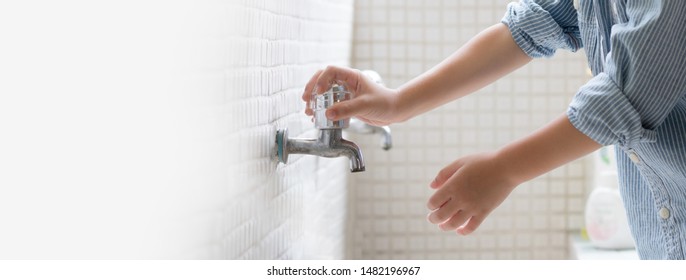 Banner Picture Of A Little Boy's Hands At The Wash Basin In The School, He's About To Turn On The Tap, No Water. Washing Hands, Kids Health, Hygiene, Clean, Water Crisis, Saving Water, World Water Day