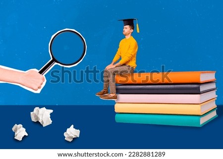 Banner poster collage of clever young guy prepare for his graduation master thesis look lupa search scientific data textbook