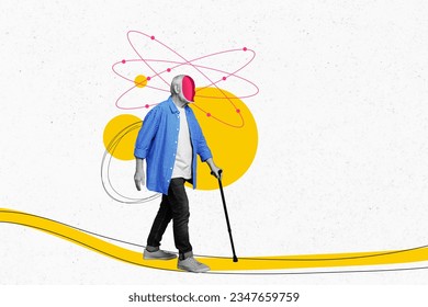 Banner poster collage lonely pensioner man walking have memory loss sickness and no face