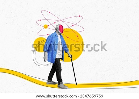 Banner poster collage of lonely pensioner man walking have memory loss sickness with no face