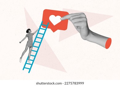 Banner poster collage of surreal young lady influencer smm climb ladder growing number facebook instagram likes