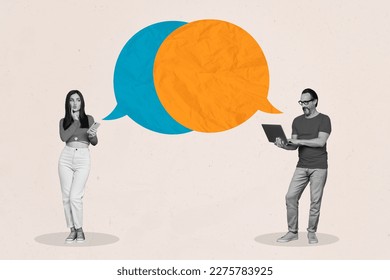 Banner poster collage of two people colleagues partners male girl use gadgets chatting texting sending email messages - Powered by Shutterstock