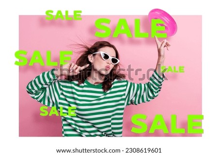 Banner poster image collage of cool lady in sunglasses dance energetic enjoying summer vacation season special offers