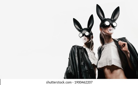 Banner Poster, Twins In Bunny Masks. Easter Party Concept With Carnival Costumes