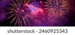 Banner Purple Firework celebrate anniversary happy new year 2024, 4th of july holiday festival. Banner Purple firework night time National holiday. Violet firework New year 2025 festival copy space