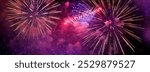 Banner Purple Firework celebrate anniversary happy new year 2024, 4th of july holiday festival. Banner Purple firework night time National holiday. Violet firework New year 2025 festival copy space