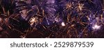 Banner Purple Firework celebrate anniversary happy new year 2024, 4th of july holiday festival. Banner Purple firework night time National holiday. Violet firework New year 2025 festival copy space