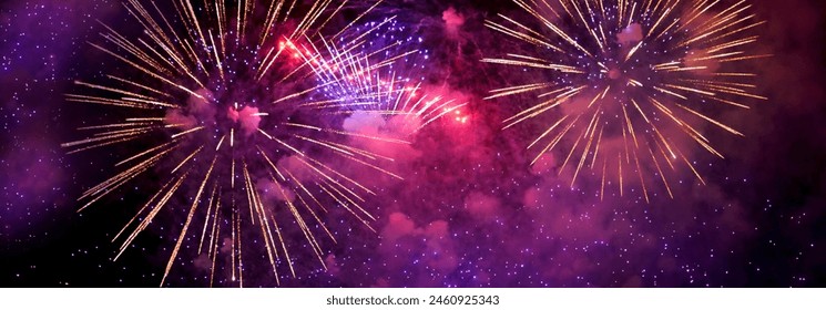 Banner Purple Firework celebrate anniversary happy new year 2024, 4th of july holiday festival. Banner Purple firework night time National holiday. Violet firework New year 2025 festival copy space - Powered by Shutterstock