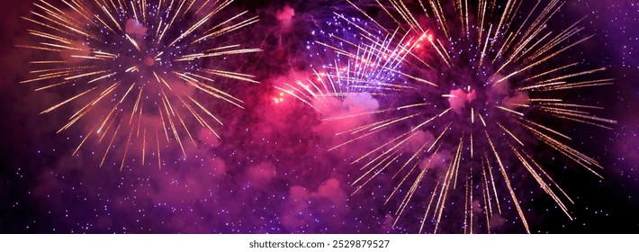 Banner Purple Firework celebrate anniversary happy new year 2024, 4th of july holiday festival. Banner Purple firework night time National holiday. Violet firework New year 2025 festival copy space - Powered by Shutterstock