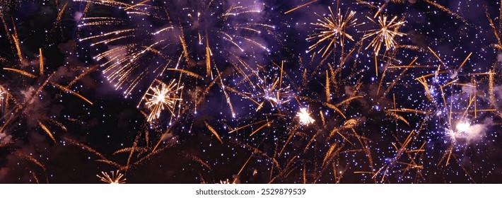 Banner Purple Firework celebrate anniversary happy new year 2024, 4th of july holiday festival. Banner Purple firework night time National holiday. Violet firework New year 2025 festival copy space - Powered by Shutterstock