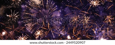 Banner Purple Firework celebrate anniversary happy new year 2024, 4th of july holiday festival. Banner Purple firework night time National holiday. Violet firework New year 2025 festival copy space