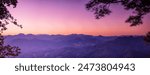Banner purple sky sunrise dramatic beautiful landscape view. Dawn sky violet pink gold dusk time cloudscape with sunlight. Panorama Dramatic vibrant sunset scenic landscape nature with copy space