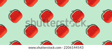 Banner Red Coin Purse on blue background. Minimal flat lay texture. Minimal financial and money saving pattern concept.