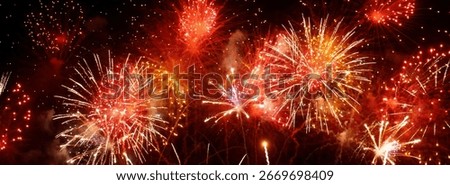 Banner red firework night time celebrate national holiday. Countdown new year 2025 festival with copy space. Banner Red Firework celebrate anniversary happy new year 2026 4th of july holiday festival