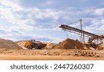 Banner Sand quarry, Industrial plant with belt conveyor in open pit mining. Construction site, Industry machine for stone crusher.