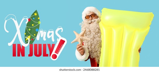 Banner with Santa Claus holding inflatable mattress and text CHRISTMAS IN JULY on light blue background - Powered by Shutterstock