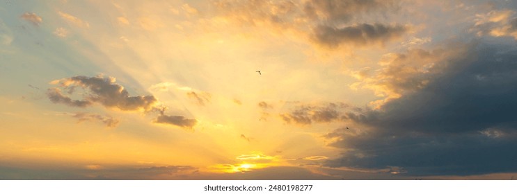 Banner Scenic view dramatic beautiful sunset sky. Panorama Natural Sunset Sunrise on meadow silhouette shadow dark land. Vibrant dramatic sky in Countryside. Landscape Sky At Sunset with copy space - Powered by Shutterstock