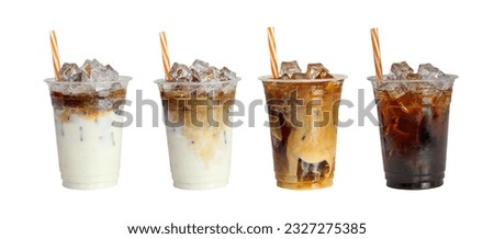 Banner Set of ice cappuccino, ice caramel latte coffee and black americano coffee cold isolated clipping path clean cut on white background.