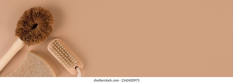 Banner With Set Of Natural Household Cleaning Products - Bamboo Brushes And Organic Dishcloth On Beige Background. Green Cleaning Concept