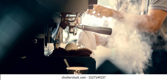 banner size of barista working makeing coffee with coffee machine color tone