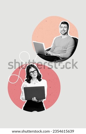 Banner sketch painted collage of two successful professional people office workers chatting writing sms netbook modern device