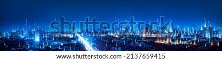 Banner smart city dot point connect with gradient line, connection technology metaverse concept. Bangkok city background at night with big data in Thailand, Panorama view.